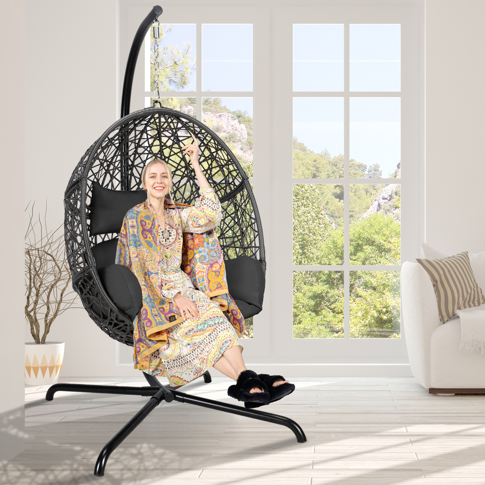 Swing Egg Chair Bird Nest Cage Chair with Stand Comfortable Cushion Indoor Outdoor Rattan Design with Sturdy Metal Frame Water/UV-Resistant 450lbs Capacity Dark Gray