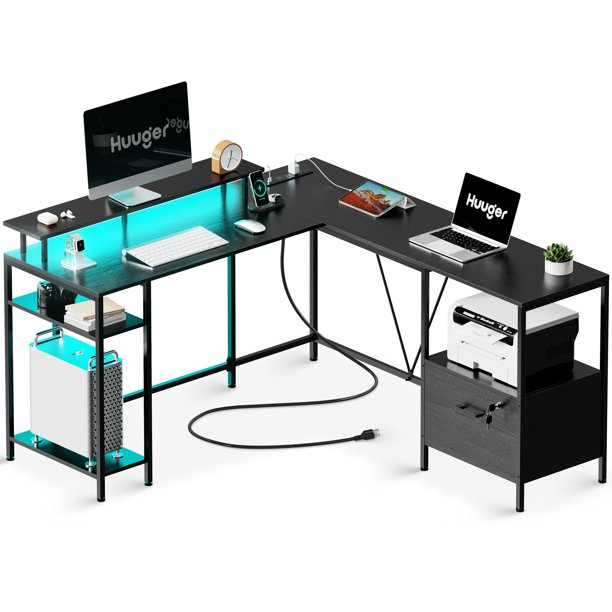 Huuger L Shaped Desk with Power Outlets & LED Lights, Reversible
