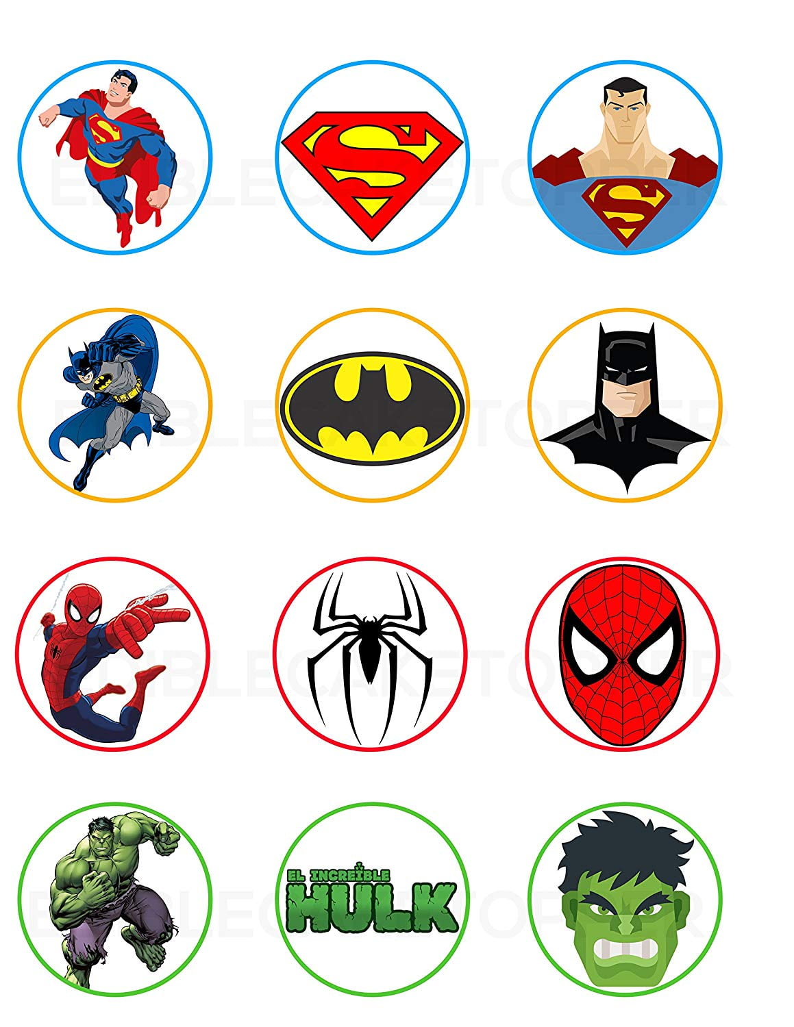 Superman, Batman, Spiderman, Hulk Edible Cupcake Toppers (12 Images) -  