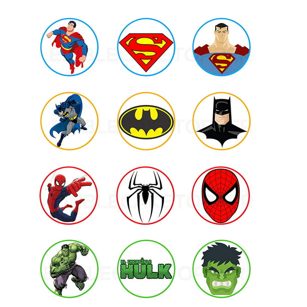 Superman, Batman, Spiderman, Hulk Edible Cupcake Toppers (12 Images) -  