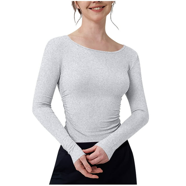 tarylea Hauts Athlétiques pour Femmes Col Rond Ajusté Crop Tops Manches Longues Couleur Unie Chemises Sport Décontracté