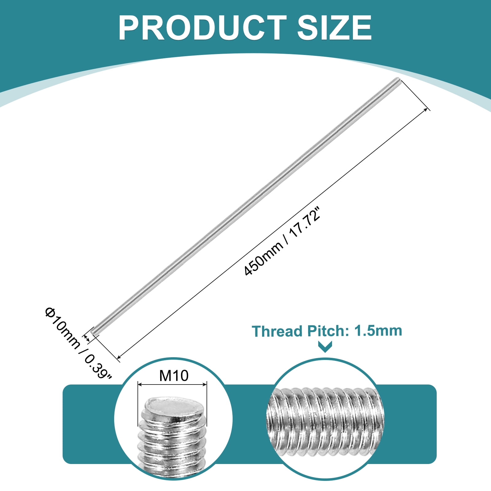 2Pcs Fully Threaded Rod, M10 x 450mm 201 Stainless Steel with Nuts Washers