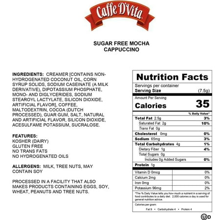 Caffe D'Vita Premium Instant Sugar Free Mocha Cappuccino, 8.5 oz Canister