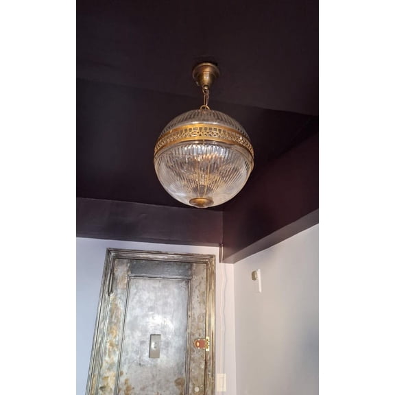 Rare Vintage Art Deco Pendant Light Old Lamp Ceiling Hanging Fixture Brass & Crystal Cut Glass Light Antique