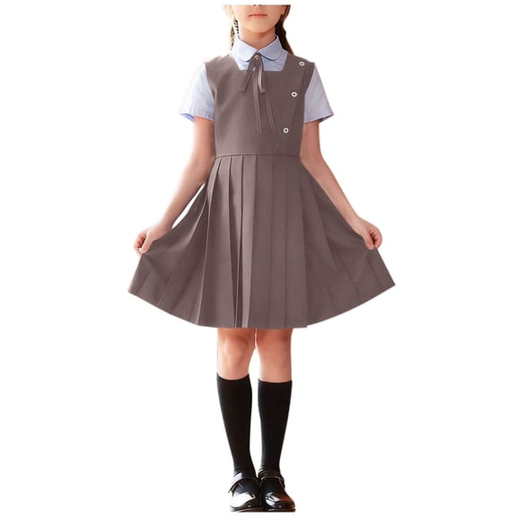 Girls Gray School Uniform Set, Jumper Dress with Shirt & Bow Tie for Girls 3-15 Years, Pleated Pinafore Outfit, Machine Washable Polyester Spandex,Size 11-12 T