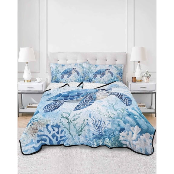 Quilts Queen Size, Sea Turtle Coastal Soft Comforter Bedding Set for Bed, Blue Summer Beach Coral Jellyfish Lightweight Quilted Bedspread with Pillow Cover(2 Pieces) for All Season, 90x96 Inch