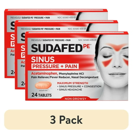 (3 pack) Sudafed PE Sinus Pressure + Pain Relief Decongestant Tablets, 24 Count