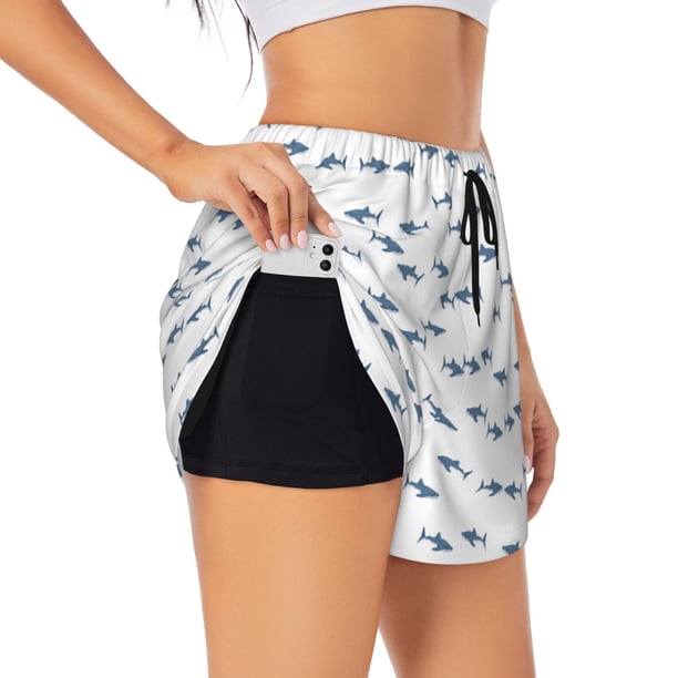 Balery Cute Shark Pantalones cortos deportivos para mujer con forro y dos bolsillos, elásticos, para entrenamiento, gimnasio, yoga-X-Large