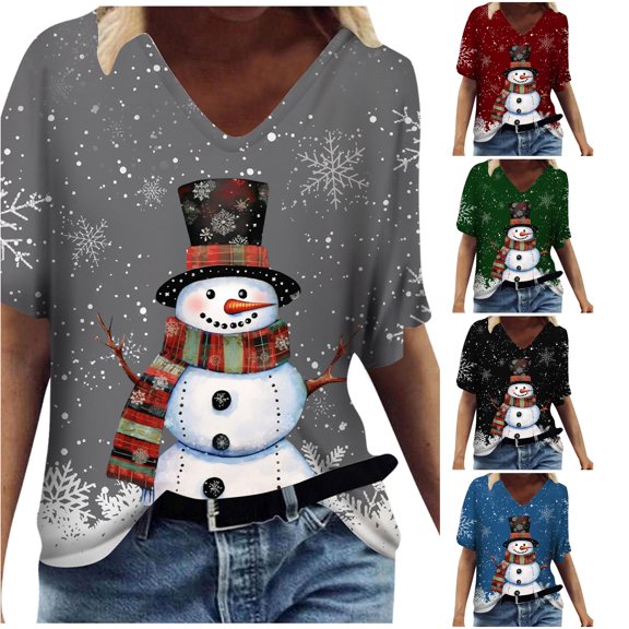 Women's T-Shirt Christmas Snowman Snowflake Graphic V-Neck Short Sleeve Tee Holiday Festival Top