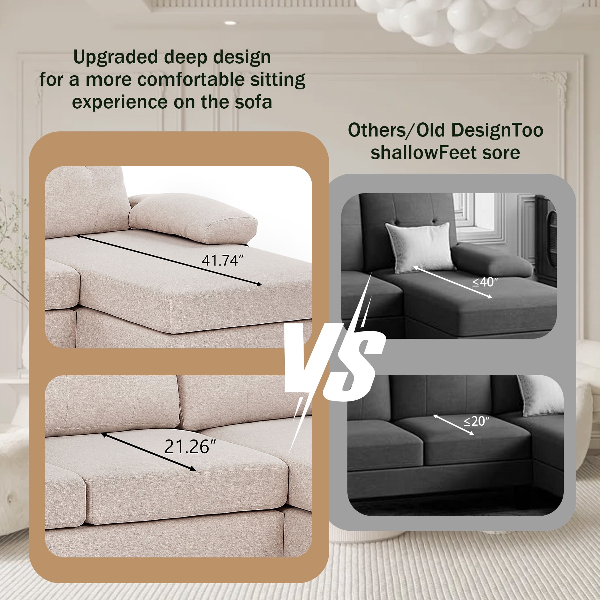 Soscana 105" Sectional Sofa U Shaped Couch with Double Chaises, Modern Linen Sofa Oversized 4 Seater Couch for Living Room, Apartment, Office, Studio