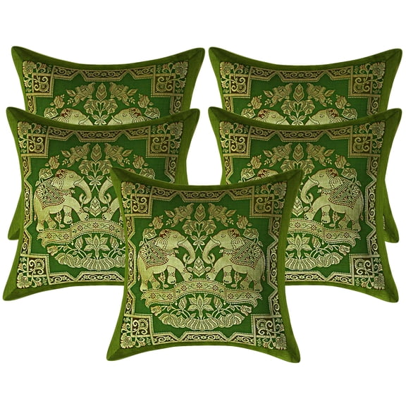 Stylo Culture Indian Decorative Sofa Brocade Olive Green And Gold Throw Pillow Covers 12x12 Jacquard Weave Banarasi Home Decor Pillow Covers Elephant Floral 30x30 cm Cushion Covers (Set Of 5)