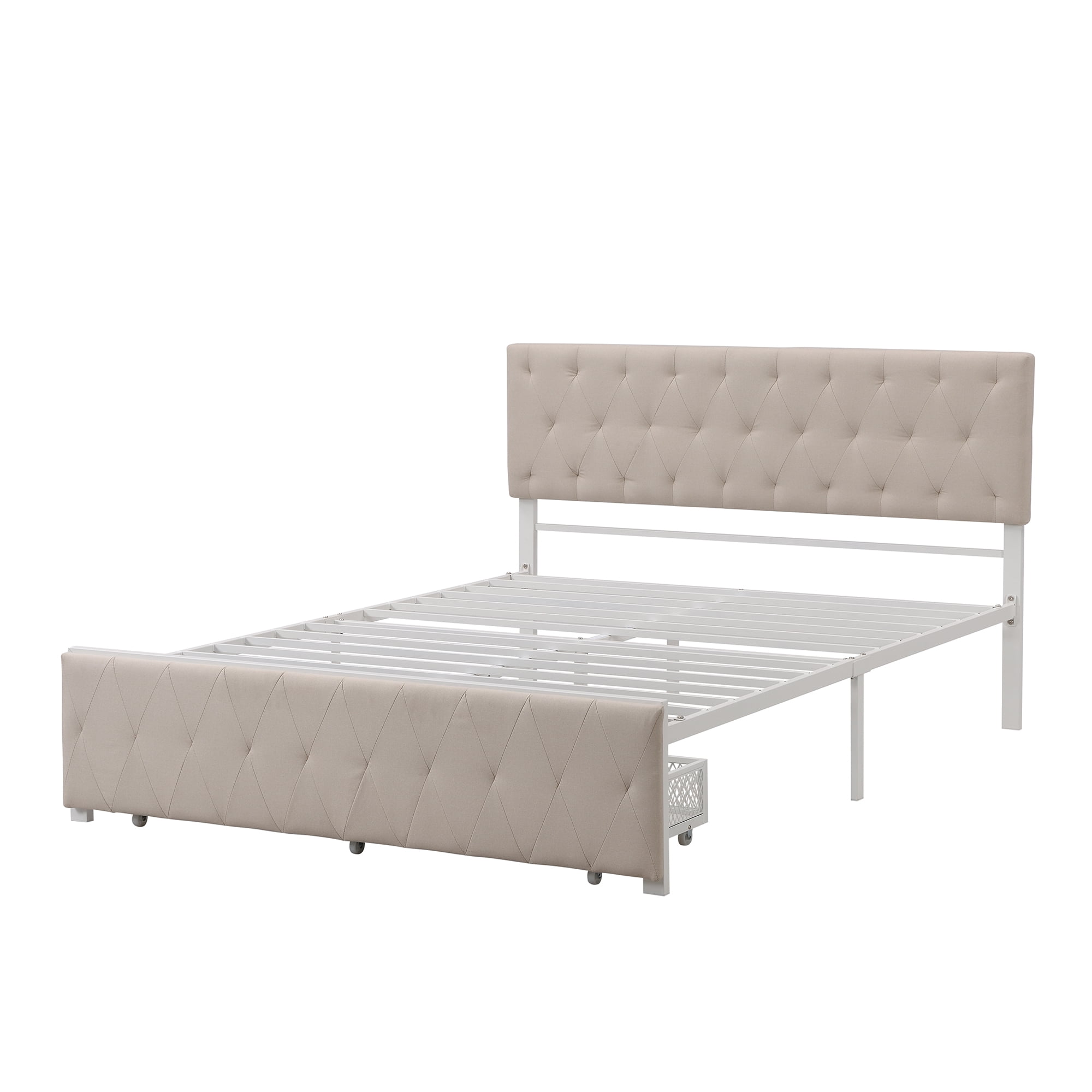 Queen Size Storage Bed, Metal Platform Bed with a Big Drawer, Beige