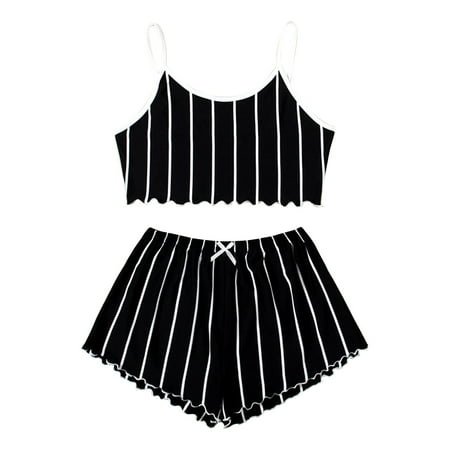 

DNDKILG Women s 2 Piece Pajamas Set Striped Cami Crop Top Shorts Set Lounge Casual Pj Set M