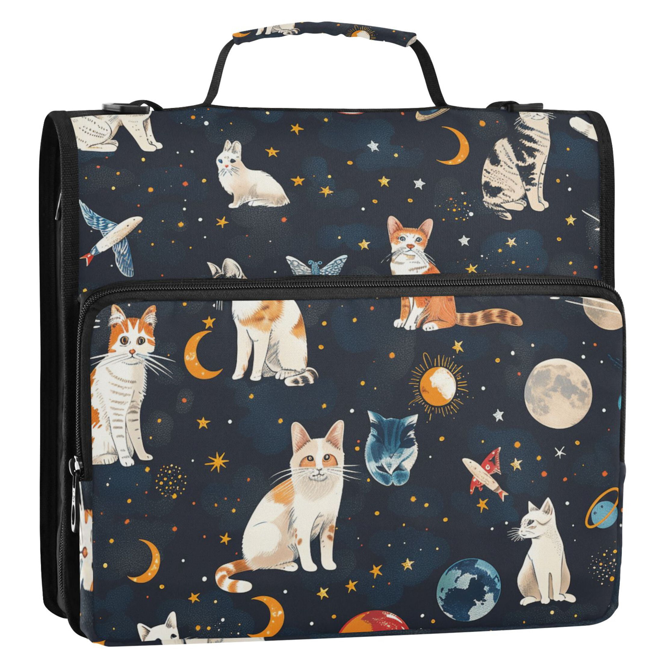 3 Ring Zipper Binder with Shoulder Strap Waterproof Trapper Keeper 2 Inch D-Ring 500 Sheets Capacity Cat Butterfly in Space