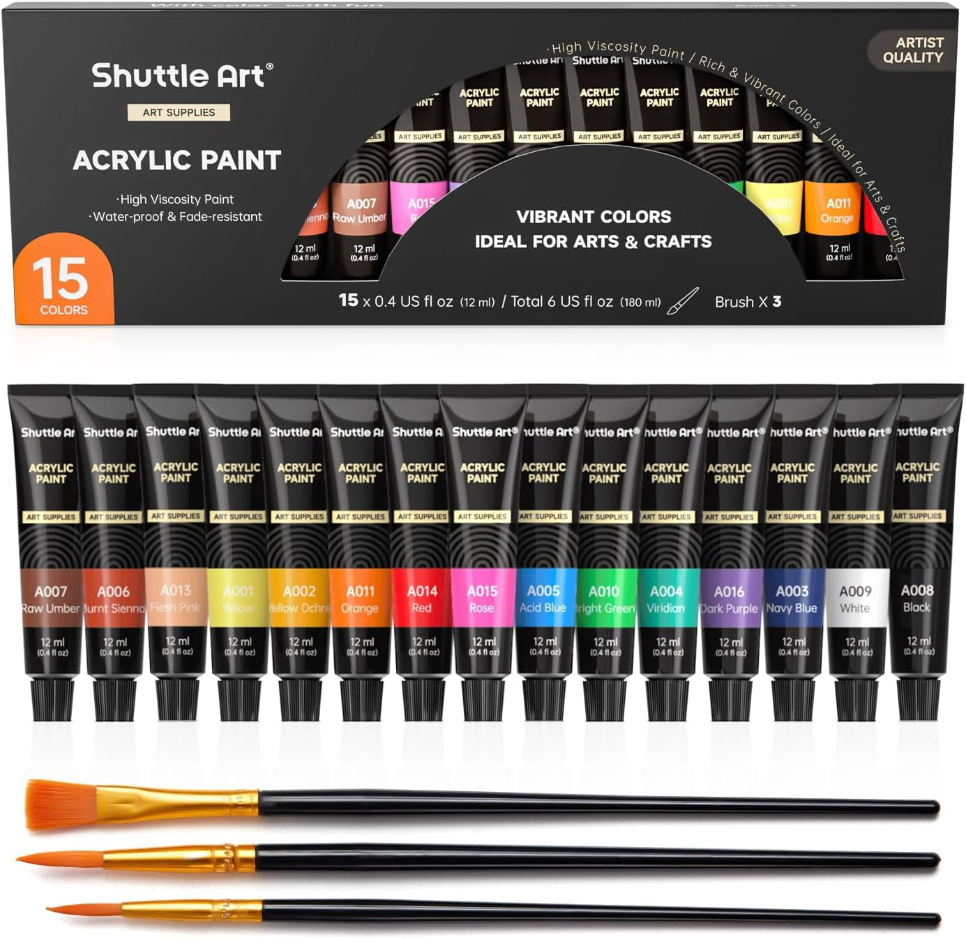 (3 pack) Acrylic Paint Set, Shuttle Art 15 x 12ml Tubes Non Toxic Rich Pigments Colors Perfect for Kids Adults Beginners Artists Painting on Canvas Wood Clay Fabric Ceramic Crafts
