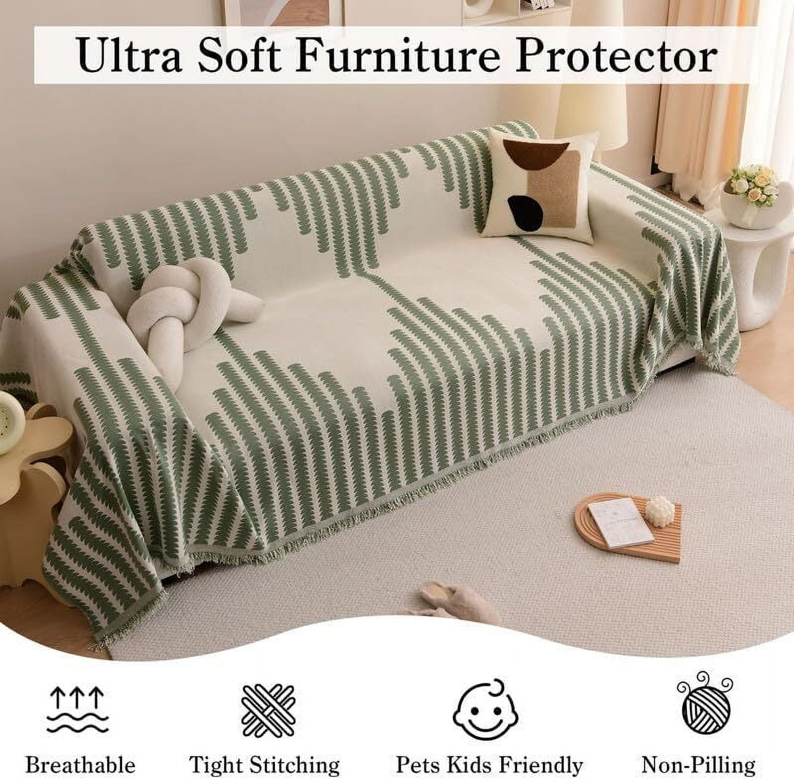 Eurhowing Boho Couch Cover for 2-3 Cushion Couch, Chenille Sofa Cover Blanket with a Pillowcase, Anti-Slip Tassel Sofa Slipcover for Pet, (71'' x 118'', Green)