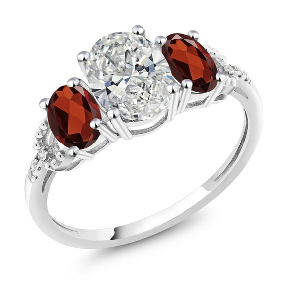 Gem Stone King 10K White Gold White IGI Certified Lab Grown Diamond and Red Garnet 3-Stone Engagement Ring for Women | 2.70 Cttw | Center 1.5 Ct Diamond | D-E Color | VS1-VS2 Clarity | Size 8