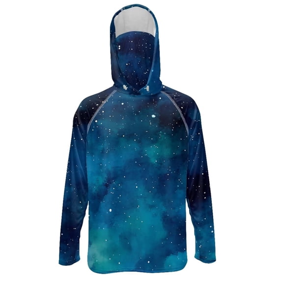 Bulopur Men’s Fishing Sun Hoodie with Mask, UPF 50  UV Protection Long Sleeve Shirt Blue Galaxy Print Quick Dry Breathable Top for Boating, Hiking and Outdoor Activities