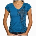 thumbnail image 2 of Women Y2K Grunge Vintage Graphic Tees V-Neck Short Sleeve Slim Fit T-Shirt Emo Clothes for Teen Young Girls 2000s Streetwear Blue Size M, 2 of 8