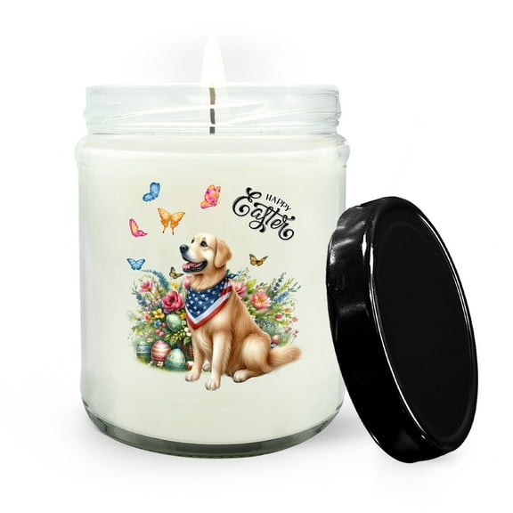 Golden Retriever Celebrates Spring and Enjoys a Happy Easter Soy Wax Candle Goldens Dog Lover Gifts Idea 16oz White Vanilla Candle - 02001