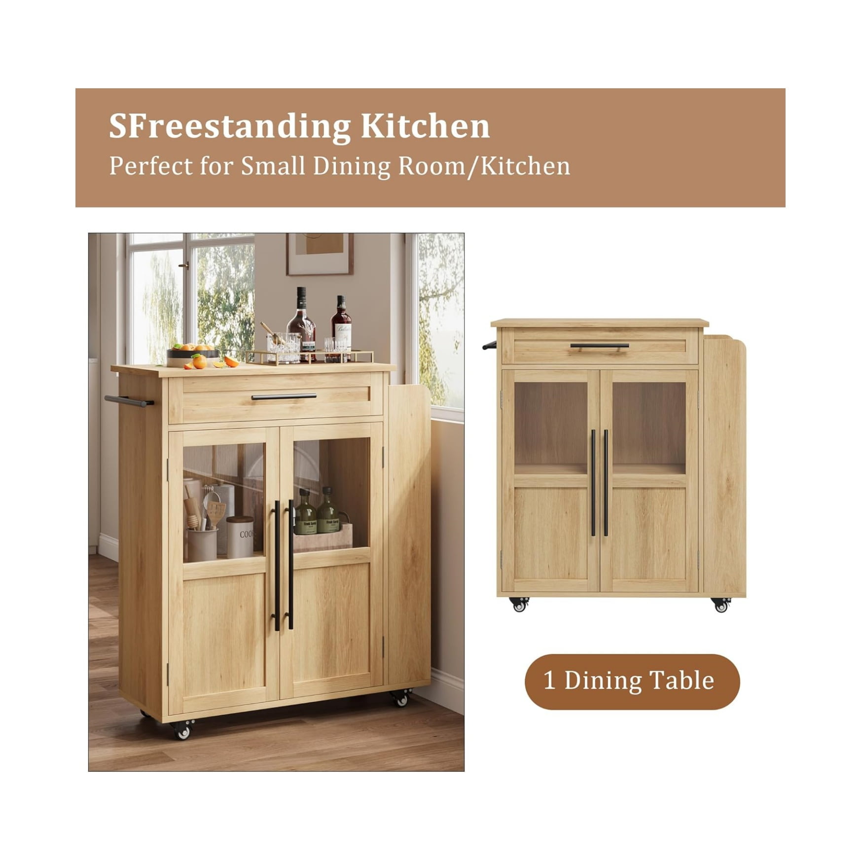 Rolling Wooden Kitchen Island with Drawer, Home Kitchen Cart with Storage Cabinet on Wheels, Thicker Wooden Top Portable Trolley Island with 3 Spice Rack for Kitchen, Dining Room