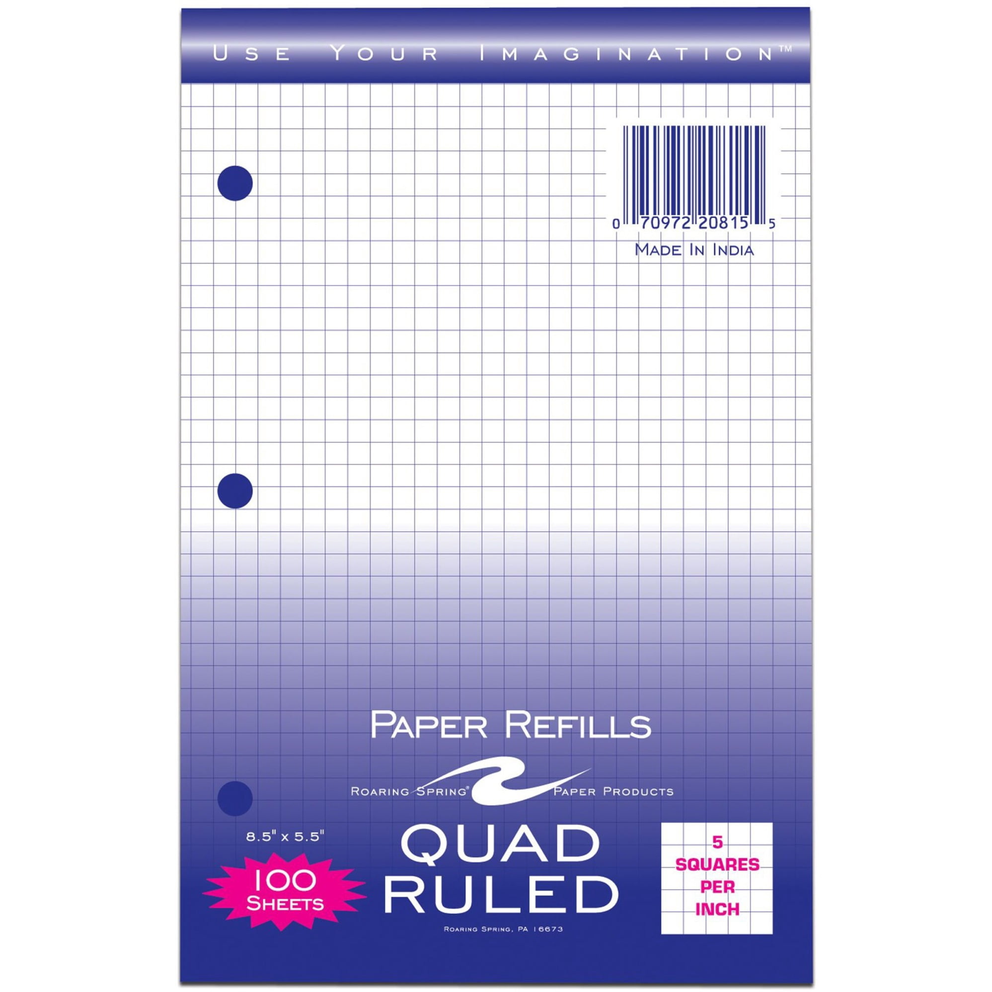 Roaring Spring 5x5 Graph Ruled Loose Leaf Filler Paper, 3 Hole Punched, 1 Case (48 Packs), 8.5" x 5.5" 100 Sheets, White Paper