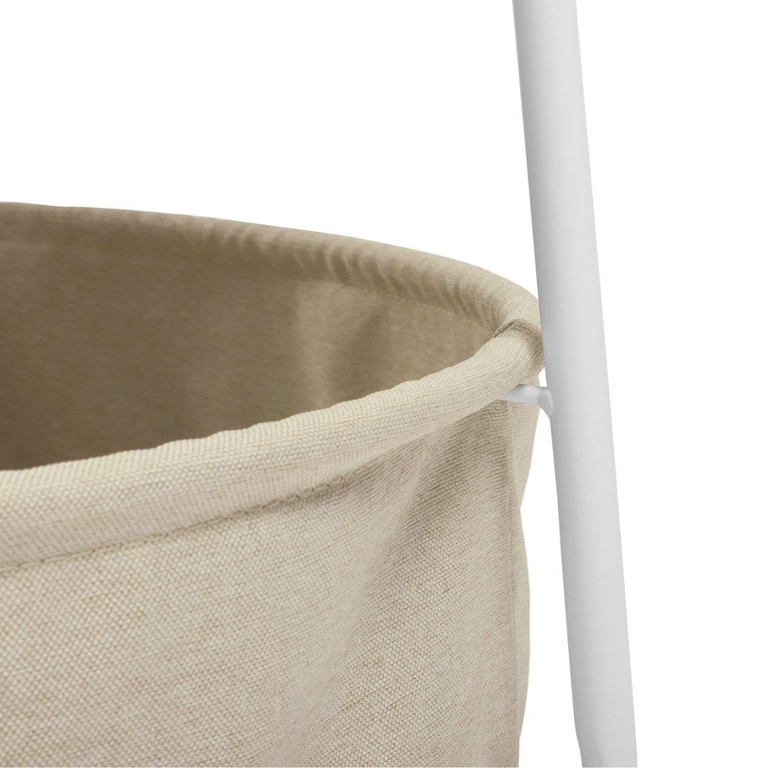 Gewnee 30''Round Coffee Table - End Table with Fabric Basket,Sleek Space-Saving Furniture for Living Room,Bedside Nightstand,Matte White and Beige
