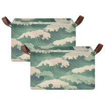 Yayeee Foldable Storage Basket for Shelves with Handles Set of 2 Waterproof Cloth Bins, Green Wave Pattern