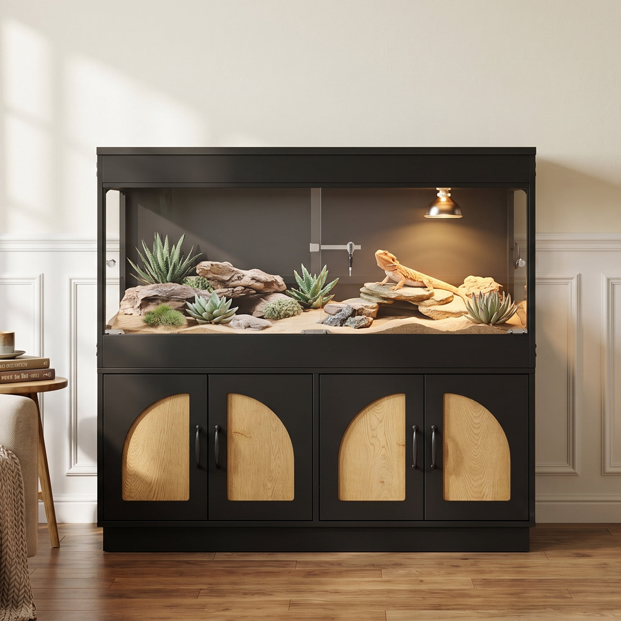 Belnest Reptile Tank with Stand and Storage Cabinet, Terrarium Enclosure with Power Outlet, Iron Mesh Frame Habitat for Snakes, Lizards, Tortoises and Amphibians