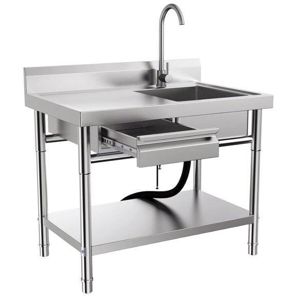 Stainless Steel Utility Sink with Faucet and Drawer, Commercial Outdoor Freestanding Kitchen Sink, 39.37" x 23.6" x 31.5" with Hot/Cold Water Lines, Heavy Duty Workstation