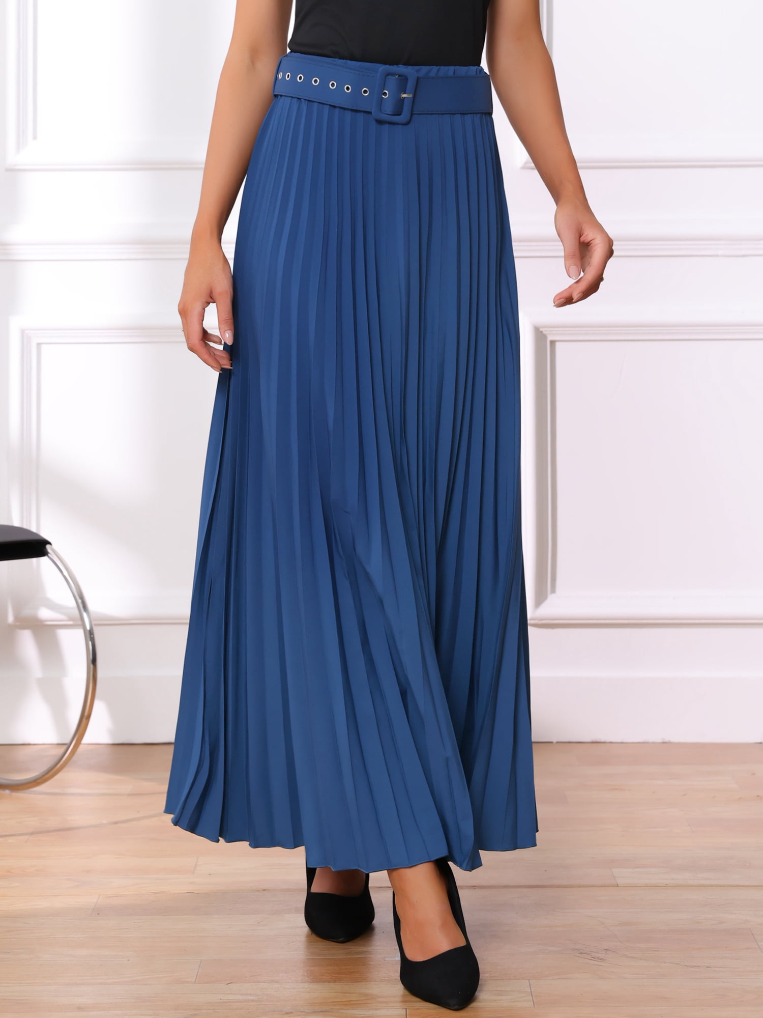 DARING DIVA Women's Elegnat Elastic High Waist Flowy A-Line Maxi Skirt 3XL Navy Blue