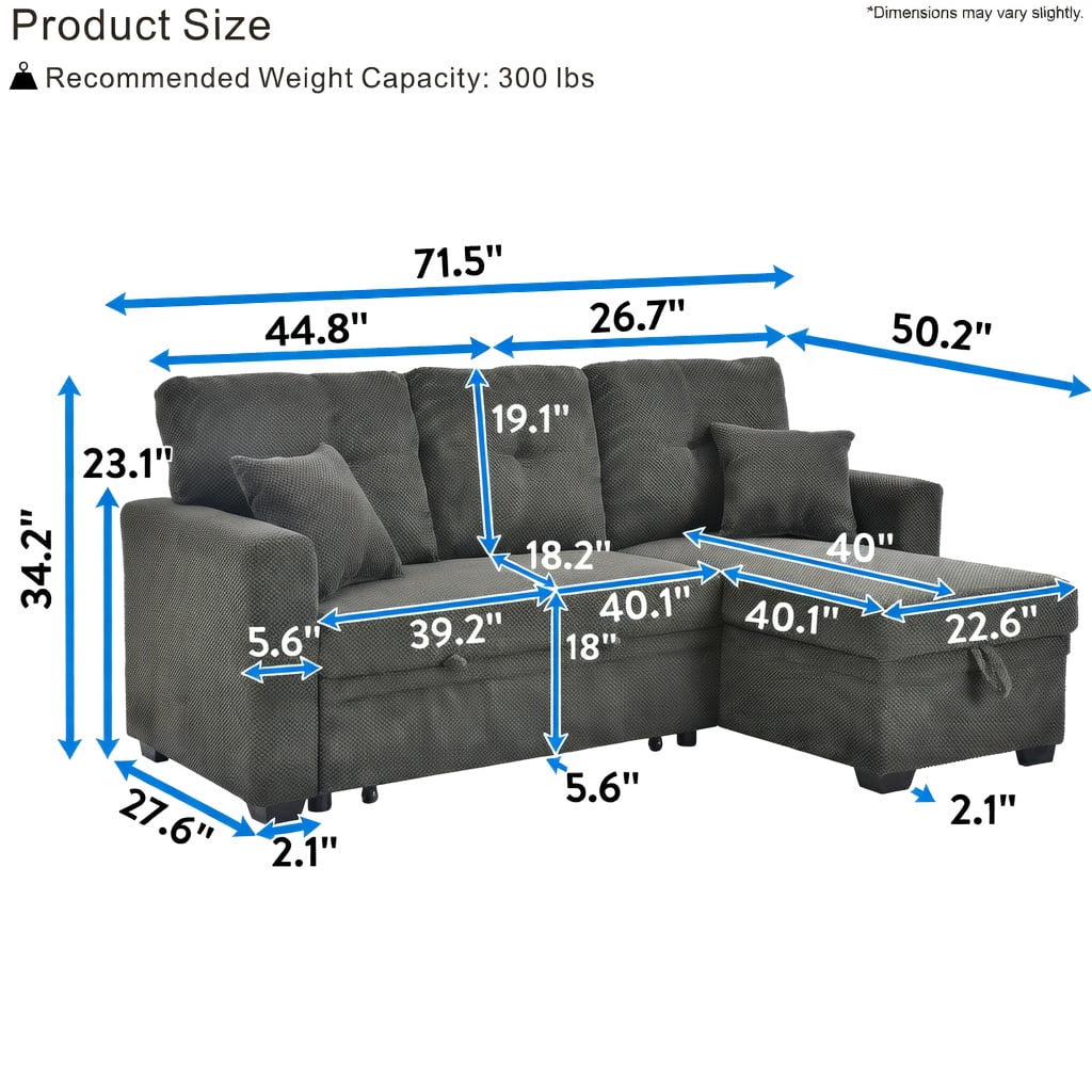 Hommoo Mid-Century Modern Sectional Sleeper Sofa with Pull-Out Bed, Reversible Chaise & Hidden Storage, L-Shaped Convertible Sofa Bed for Small Spaces, Dark Gray