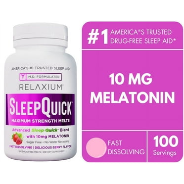 Relaxium Sleep Quick Maximum Strength Melts, Fast Acting Sleep Aid with 10 mg Melatonin, Drug Free Dietary Supplement, Vegan, Gluten Free, Made in USA, 100 Servings, Berry Flavor