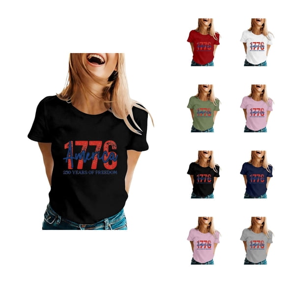 Independence Day T Shirts for Women Summer Casual Short Sleeve Crewneck America 1776 Graphic Tees Patriotic Tshirts