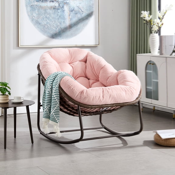 Outdoor Rattan Rocking Chair,Padded Cushion Rocker Recliner Chair Outdoor for Front Porch, Living Room, Patio, Garden, Pink