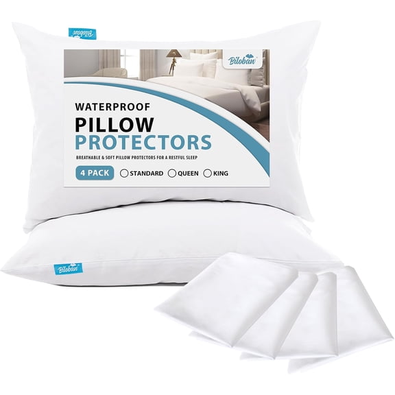 Biloban Pillow Protector Waterproof Queen Size Pillow Cases 4 Pack Skin-Friendly & Noiseless Pillow Encasement Zippered White Pillow Covers Machine Wash