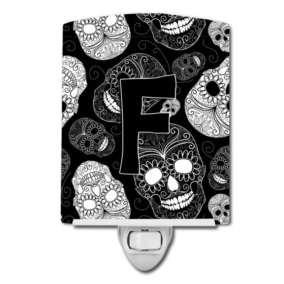 Letter F Day of the Dead Skulls Black Ceramic Night Light