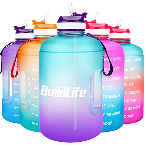 BuildLife 1 Gallon Water Bottle with Straw & Motivational Time Marker Large BPA 