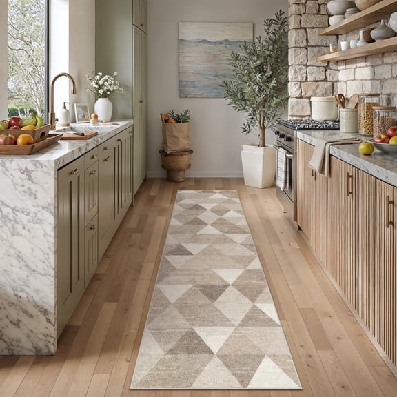 BERTHMEER 2'x8' Runner Rugs for Hallway Bathroom Bedroom Entryway Kitchen Non Slip Washable Checkered pattern Rugs Light Brown Beige Modern Contemporary Geometric Runner Rugs