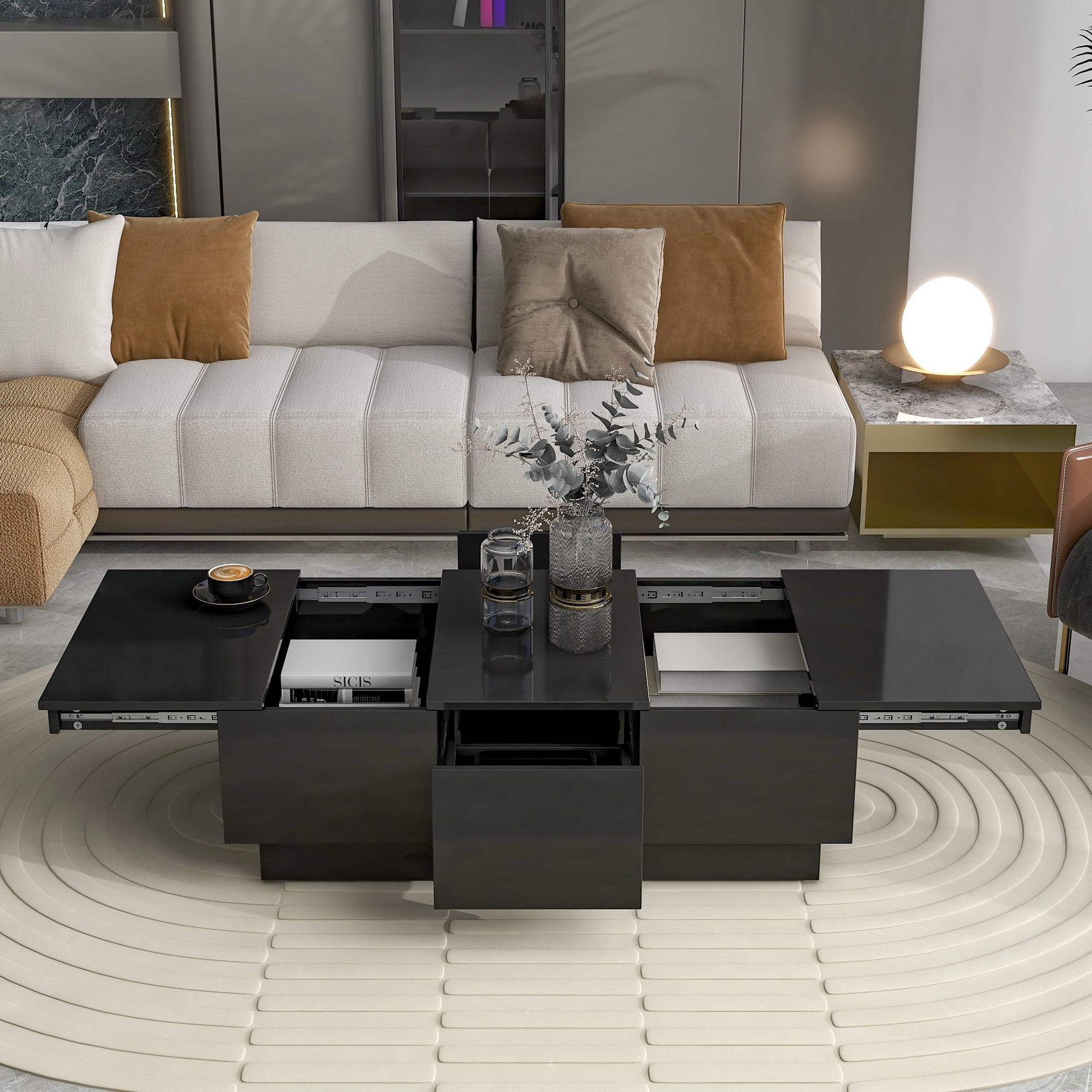 MAYEERTY Coffee Table with 2 Large Hidden Storage Compartments, Extendable Cocktail Table with 2 Drawers, High-Gloss Sliding Top Center Table for Living Room, 39.3"x21.6", Black