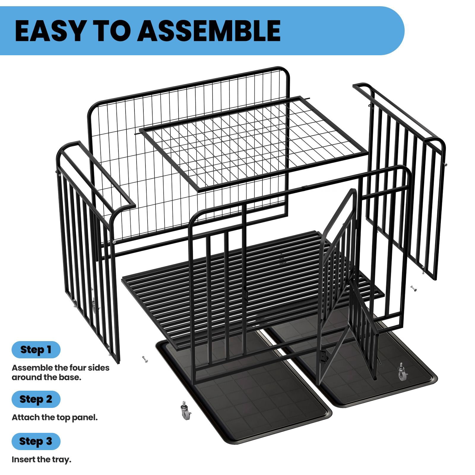 Muweixin 42 inch Black Metal Dog Crate with Top & Front Doors, Removable Trays & Lockable Wheels, Indoor Outdoor Kennel for Medium Large Dogs