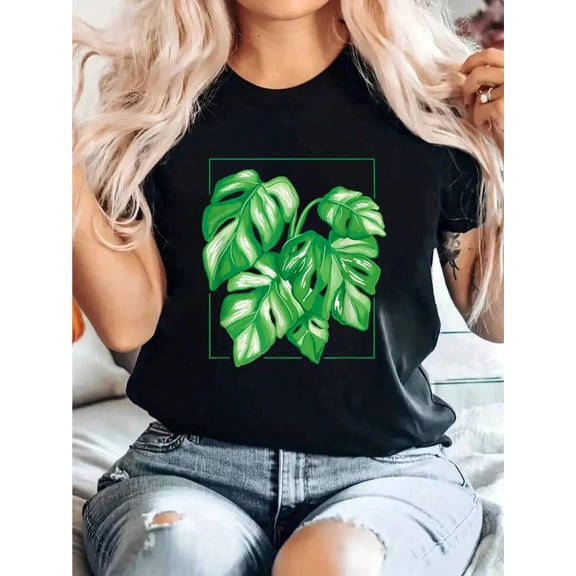Variegated Monstera Deliciosa Variegata House Plant T-Shirt Print T-Shirt, Casual Crew Neck Short Sleeve Comfort Tee Top For Spring & Summer, Women'S Clothing 100% Cotton