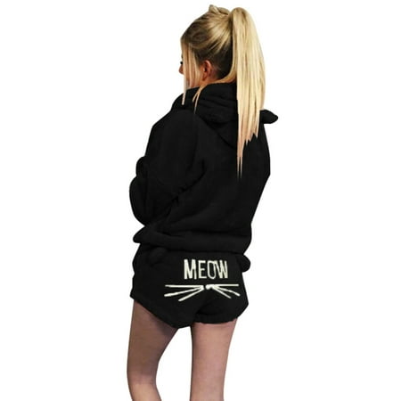 

Women Plush Pajamas Set Thick Hoodie Long Tops+Embroidery Shorts Sleepwear Homewear 3XL 16