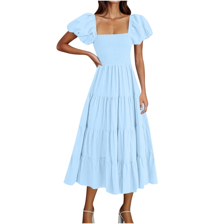 Mrat Ladies' Summer Casual Midi Dress Puffy Short Sleeve Squares Neck Smocked Ruffle Dresses Flowy a Line Tiered Midi Dress Denim Overall Dress Light Mrat Ladies' Summer Casual Midi Dress Puffy Short Sleeve Squares Neck Smocked Ruffle Dresses Flowy a Line Tiered Midi Dress Denim Overall Dress Light
