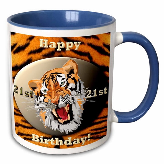 3drose, Tiger Happy 21st Birthday, 11oz Two-tone Blue Mug