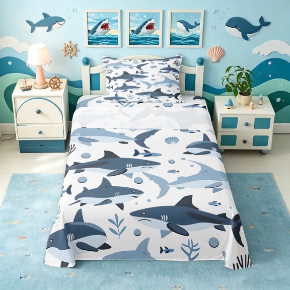 Manfei Ocean Shark Twin Sheets, Kawaii Sealife Lover Bedding, Navy Blue, 3-Piece, 1 Flat Sheet, 1 Fitted Sheet and 1 Pillowcase
