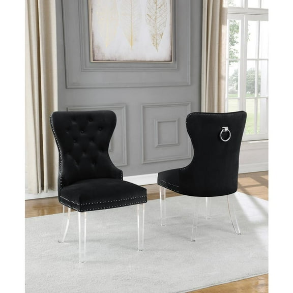 Tufted Black Velvet Side Chairs with Clear Acrylic Legs (Set of 2)