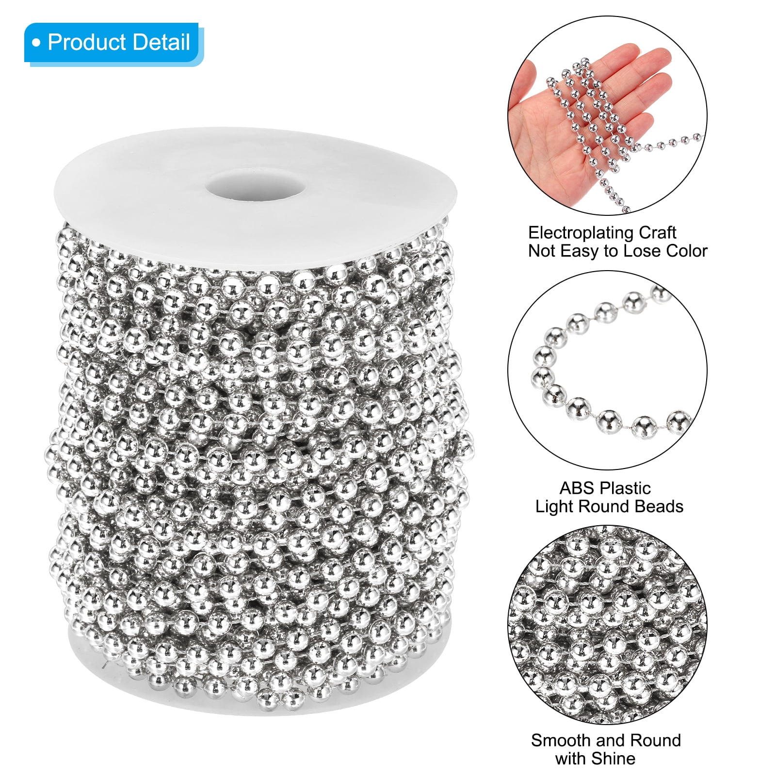 Uxcell 6mm 82Ft Pearl Beads Garland, Faux Pearl Strands Roll Spools  for DIY ,Silver