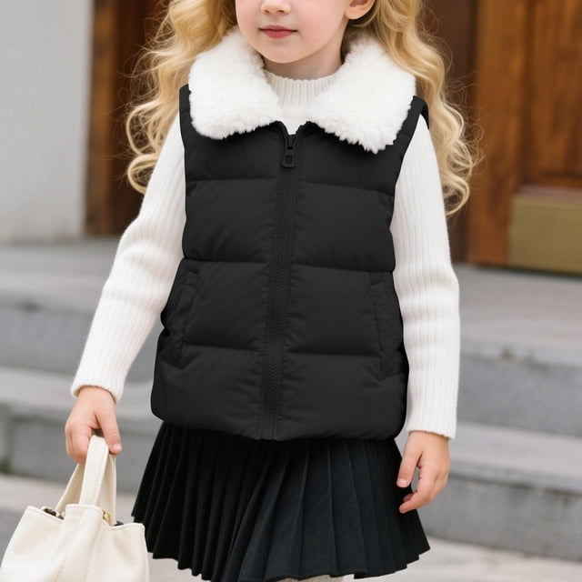 YUNAFFT Kids Sleeveless Vest Fur Collar Stand Neck Large Pockets Short Winter Warmth Functional Style