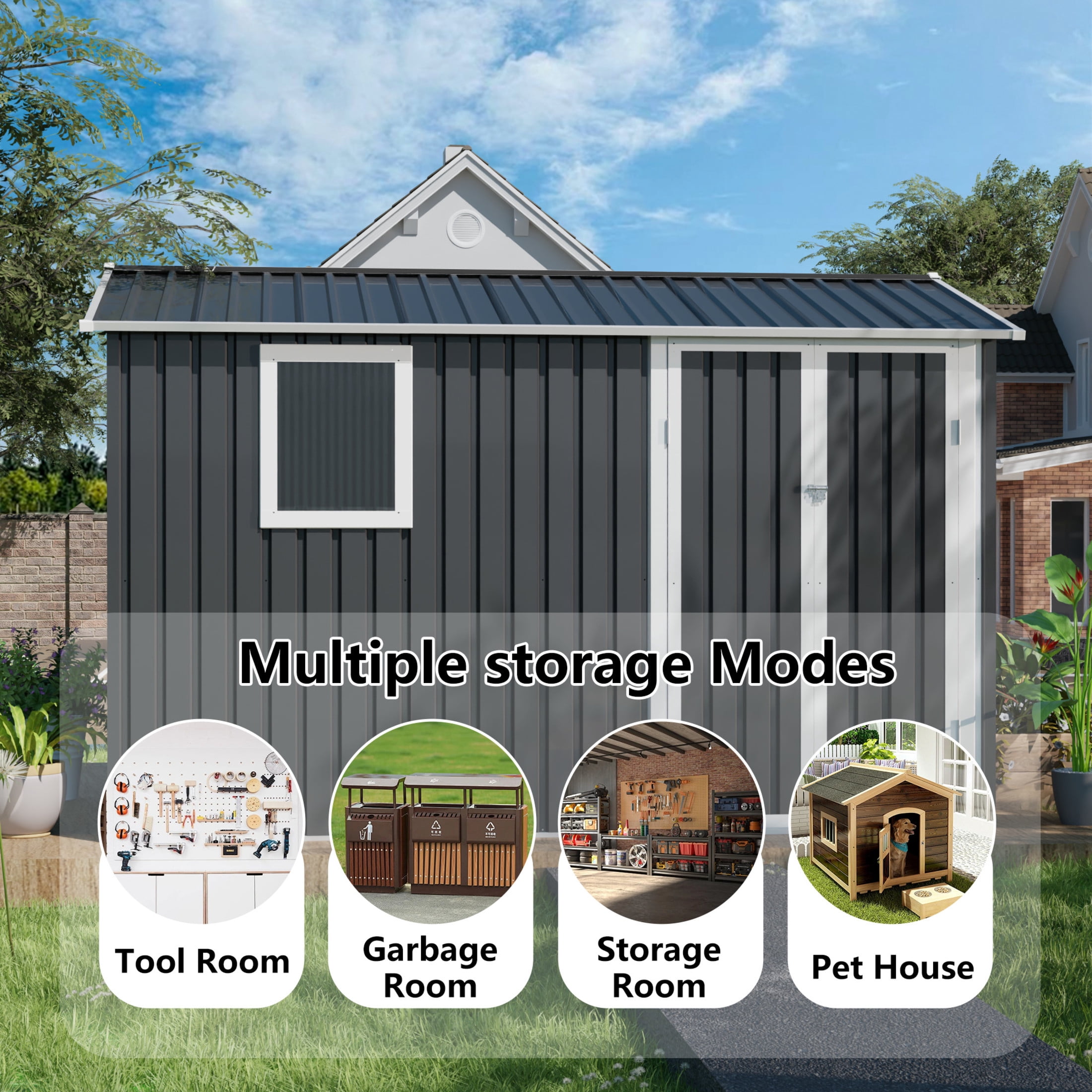 Noble House 9x6 FT Metal Outdoor Garden Shed, Galvanized Steel Backyard Tool Storage House with Window, Grey
